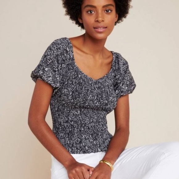 Anthropologie Tops - Anthropologie Aurelia floral printed smocked mesh black white top